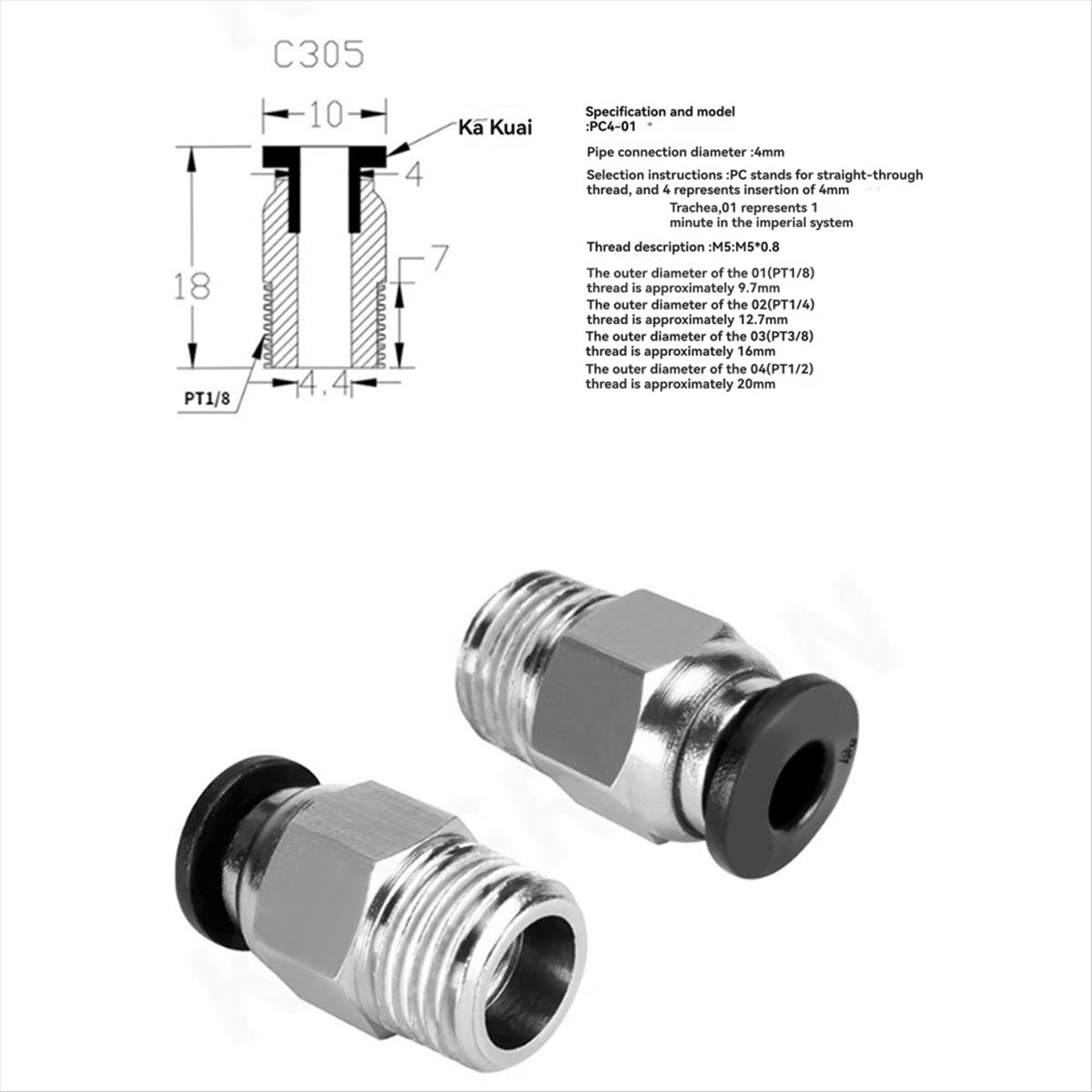 Ptfe Tube - 【A60I】 Connettore Pneumatico Diritto Maschio PC4-M10